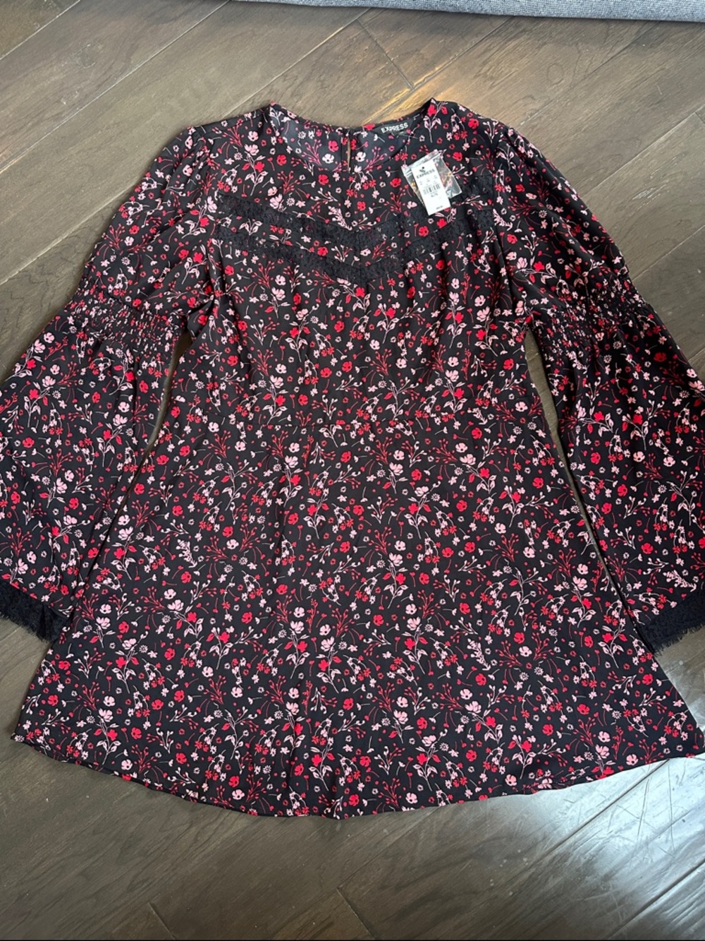 Express Black Long-Sleeve Floral Lace-Trim Mini Dress